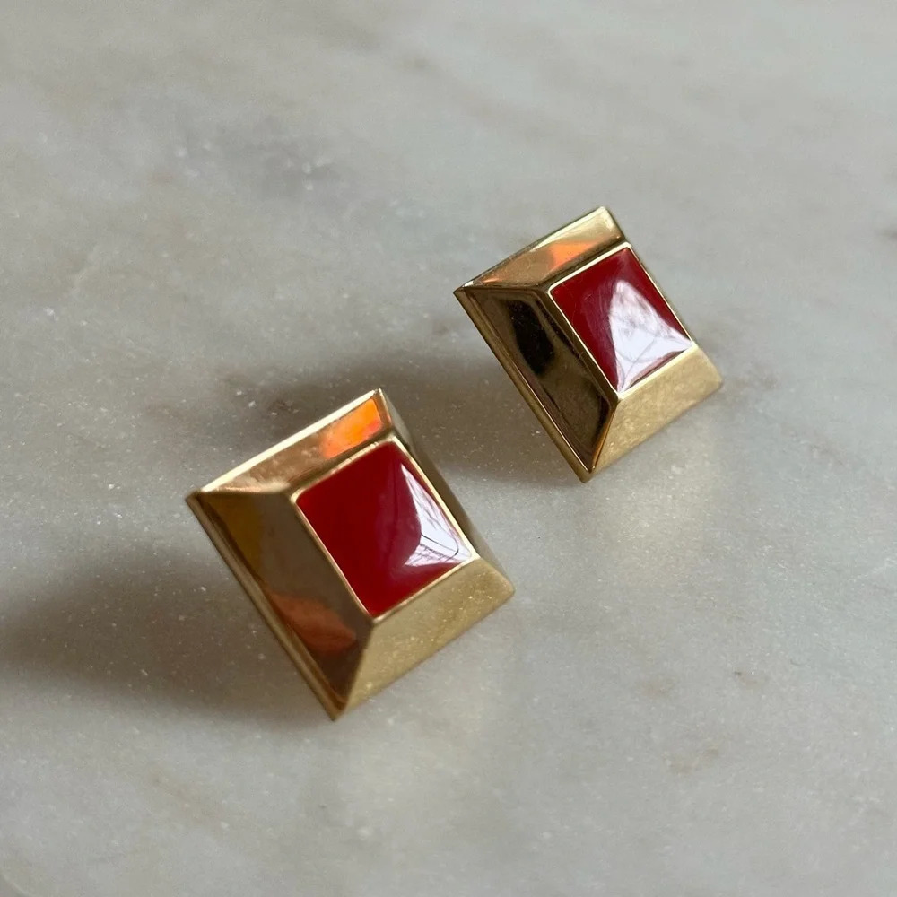 Vintage Napier Earrings Gold Tone Diamond Shaped Studs Cherry Red Enamel Center